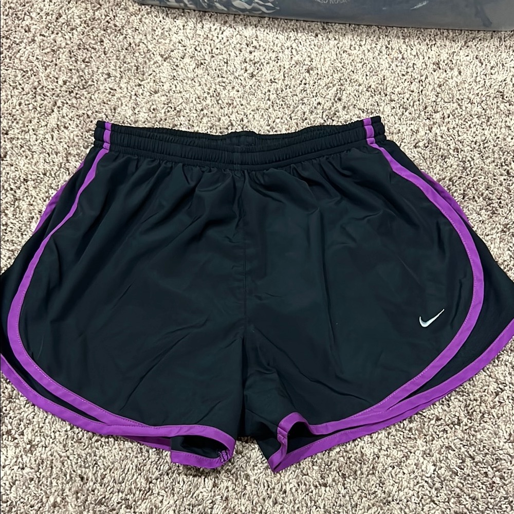Nike Black and Purple Athletic Shorts with Curved Hem